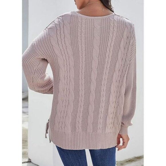 Cable-Knit Lace-Up Tunic Sweater V-Neck Long Sleeve Oversized Fit Pink X-Large - Picture 11 of 11